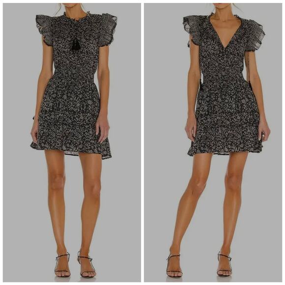 Cleobella Rachelle Mini Dress Raja Block Black Size S Floral Tie Front Tiered - Picture 1 of 14